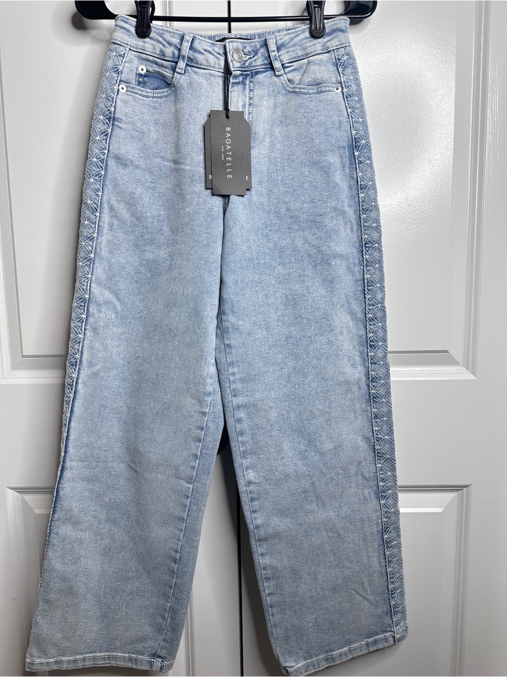 bagatelle Light Blue Embroidered Side-Trim Wide Leg Jeans
